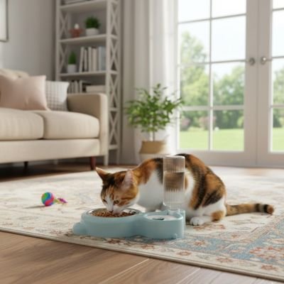 Gamelle chat bleu avec chat qui mange