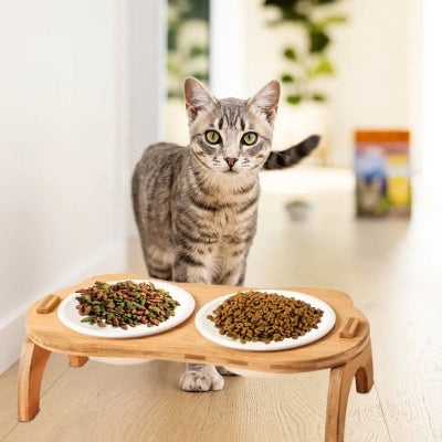Gamelle chat bois surelevee chat gris