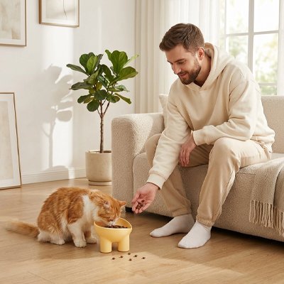 Gamelle Chat jaune et homme 