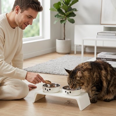 Gamelle Chat surélevée avec chat à poile long