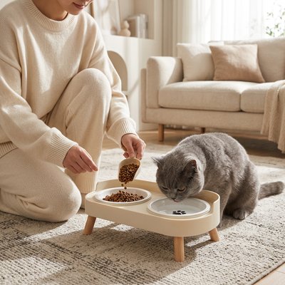 Gamelle Chat surélevée blanc chat gris