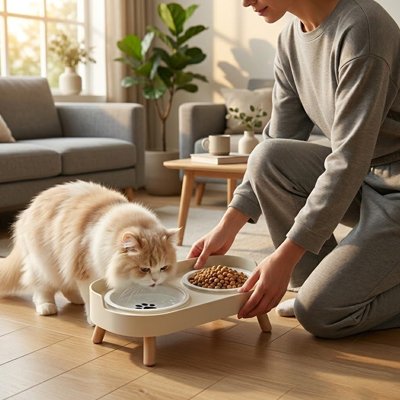 Gamelle Chat surélevée blanche chat beige