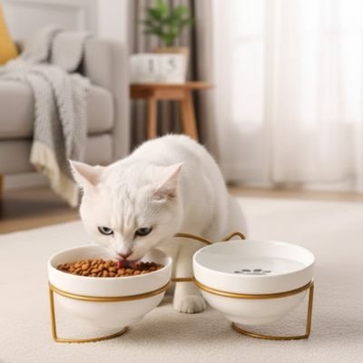 Gamelle chat surélevée blanche et doré