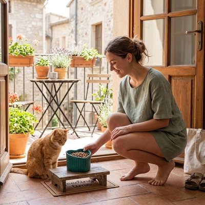 Gamelle Chat surélevée bleu et chat roux