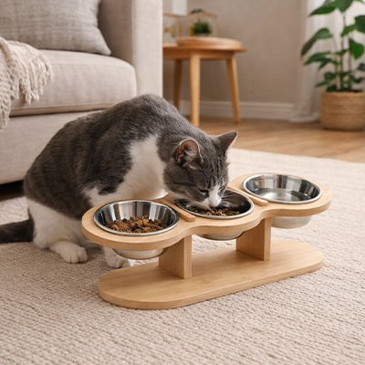 Gamelle Chat surélevée chat gris et blanc