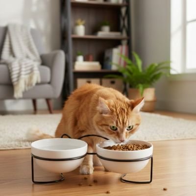Gamelle chat surélevée et chat roux