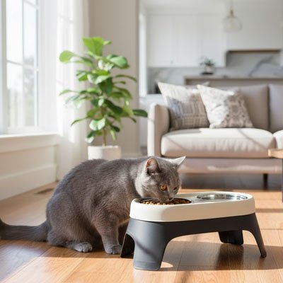 Gamelle Chat surélevée gris et blanc