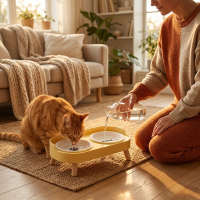 Gamelle Chat surélevée jaune et chat roux 