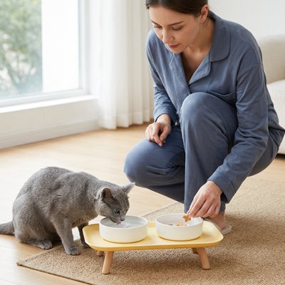 Gamelle Chat surélevée jaune et femme