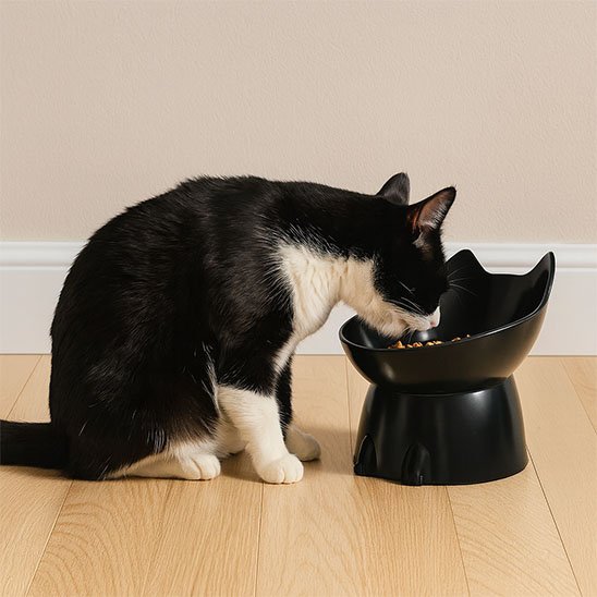 Gamelle Chat surélevée noir avec un chat noir et blanc