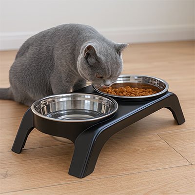 Gamelle chat surélevée noire  et un chats gris