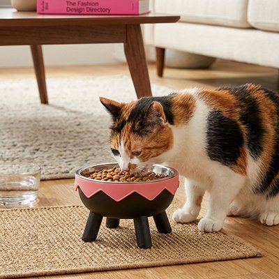 Gamelle chat surélevée rose et chat calico