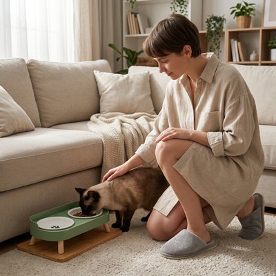 Gamelle Chat surélevée vert et femme