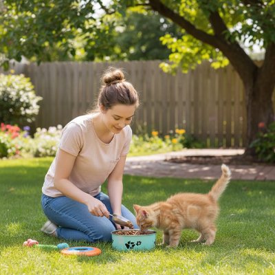 Gamelle Chat vert et chat roux avec femme