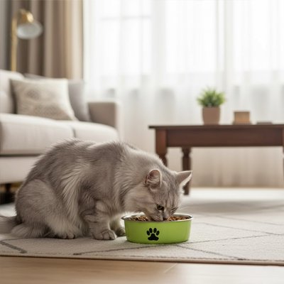 Gamelle chat verte avec chat gris