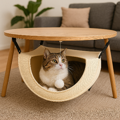 hamac chat suspendu beige sous table