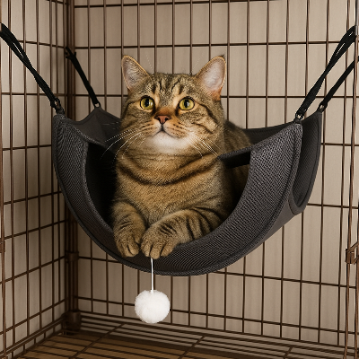 hamac chat suspendu gris dans cage