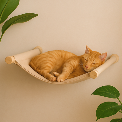 hamac mural chat roux bois clair