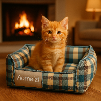 lit pour chat moelleux a carreaux bleu beige petit chat roux