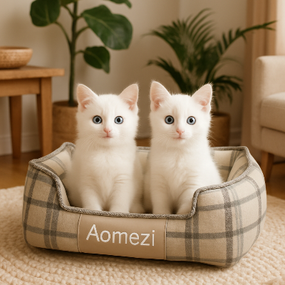 lit pour chat moelleux a carreaux brun beige deux chats blanc