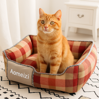 lit pour chat moelleux a carreaux rouge beige gros chat roux