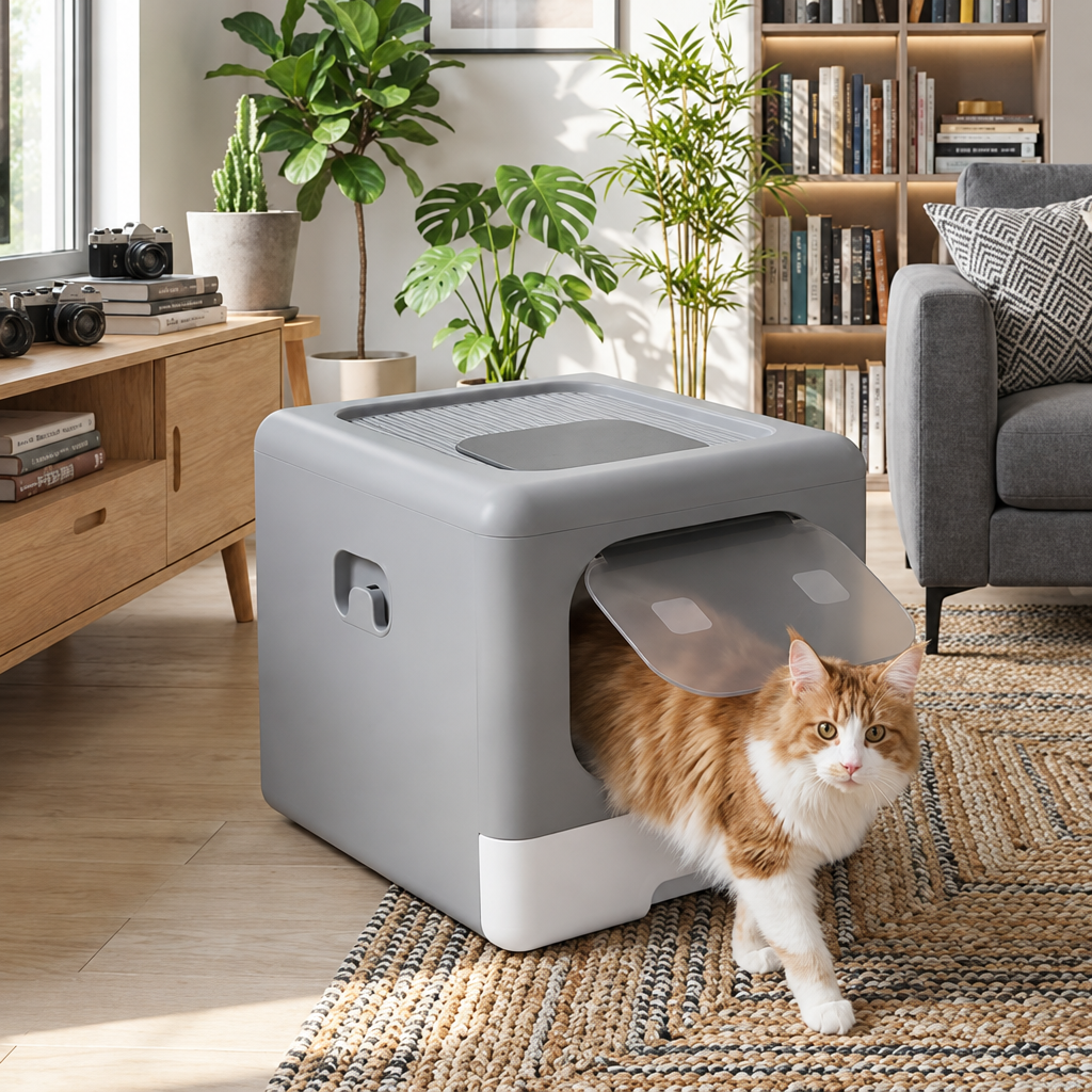 Maison de toilette pour Chat avec chat roux et blanc