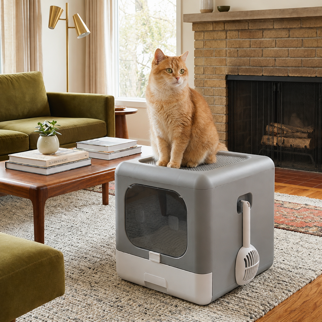 Maison de toilette pour Chat avec chat roux sur le dessue