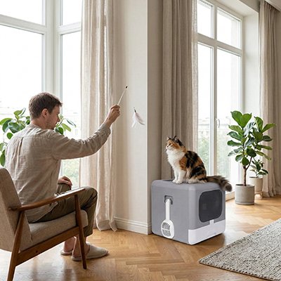 Maison de toilette pour Chat avec son humain