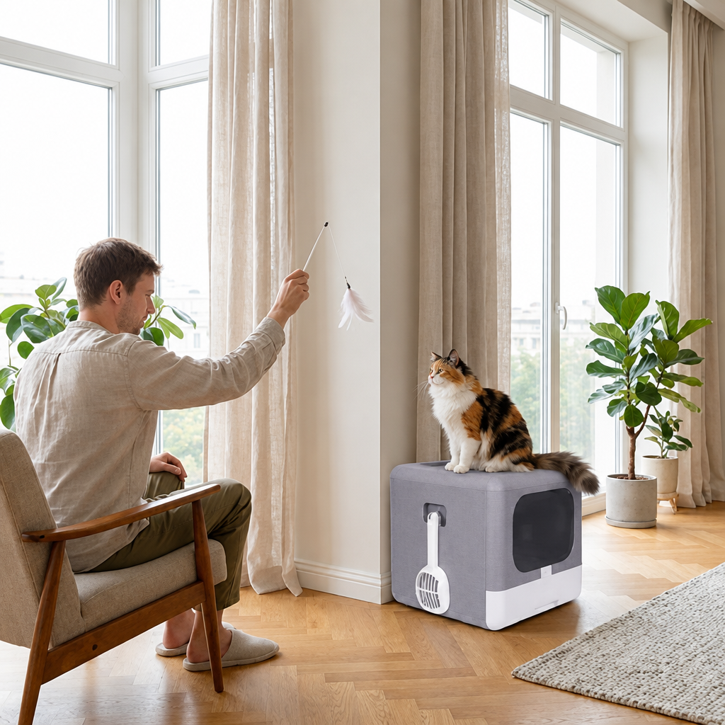 Maison de toilette pour Chat avec son humain