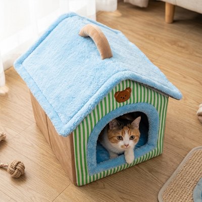 Maison pour chat beige bleu vert