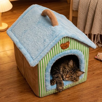 Maison pour chat beige vert bleu