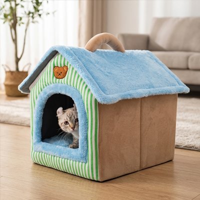 Maison pour chat vert beige bleu
