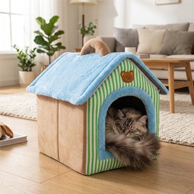 Maison pour chat vert bleu beige