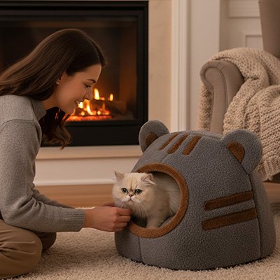 niche pour  chat grise avec chat dame qui caresse