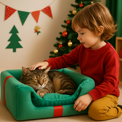 niche pour chat noël chat caresse garçon