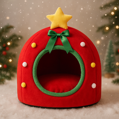 niche pour chat noël ronde cadeau rouge