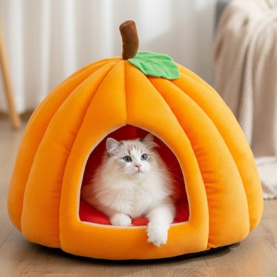 Niche pour chat orange avec chat beige