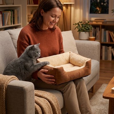 Panier chat avec chat gris et son humain