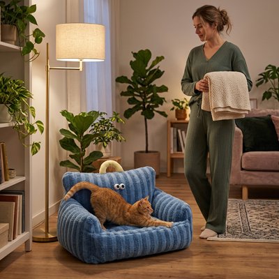 Panier Chat bleu avec chat roux