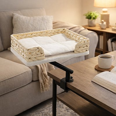 Panier Chat en rotin avec coussin blanc