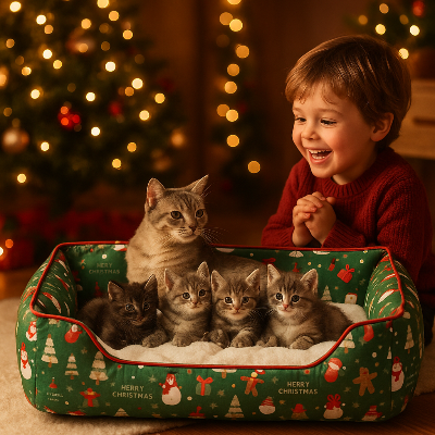 panier douillet de noël pour chat petit famille chat et garçon