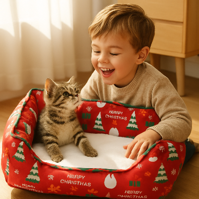 panier douillet de noël pour chat petit garçon
