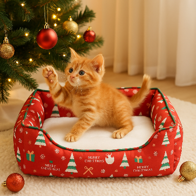panier douillet de noël pour chat roux