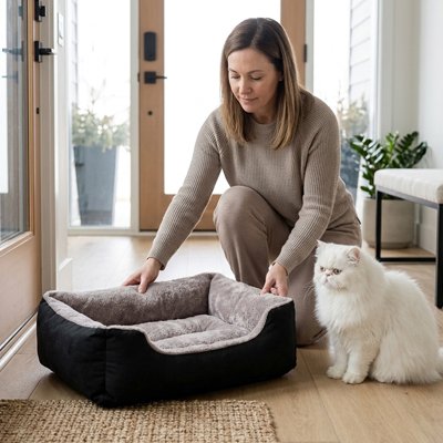Panier pour chat gris avec chat blanc