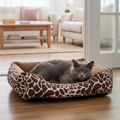 Panier pour Chat motif girafe avec chat gris