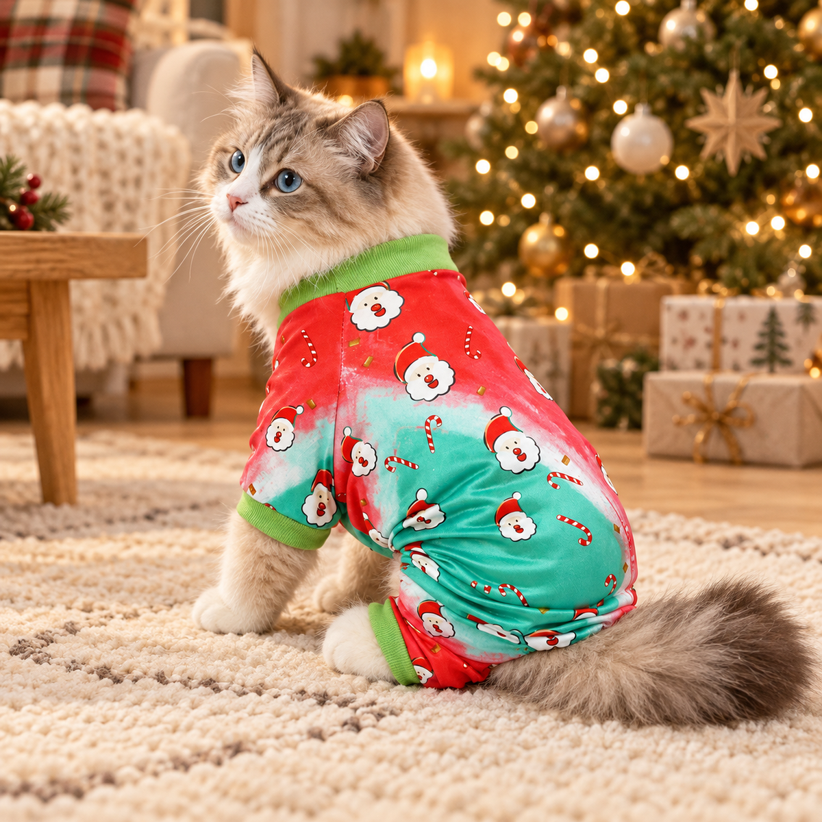 Chat vu de trois quarts portant un pyjama de Noël rouge et vert à quatre pattes, près du sapin.