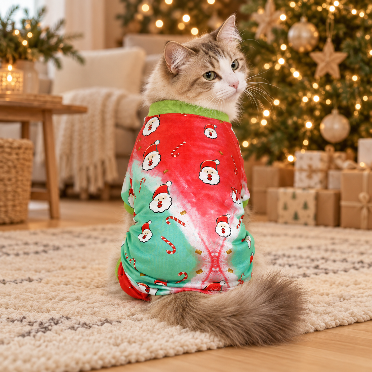 Chat vu de dos portant un pyjama rouge et vert menthe à motifs Père Noël, avec un col vert clair.