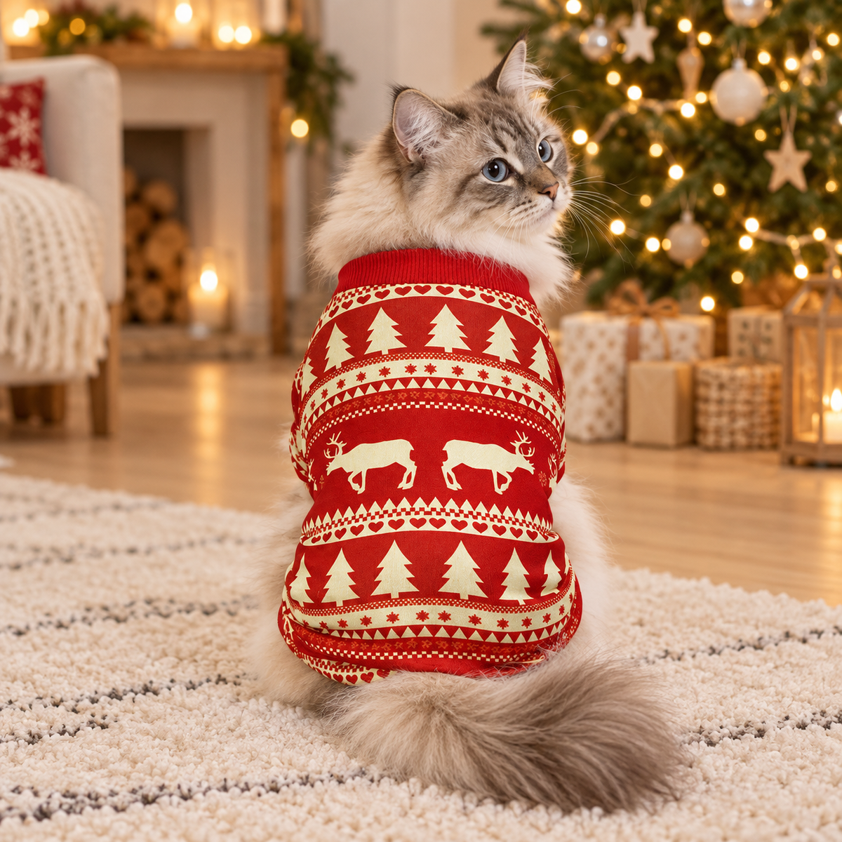 Chat portant un pyjama de Noël rouge à motifs de rennes et sapins crème dans un salon chaleureux.