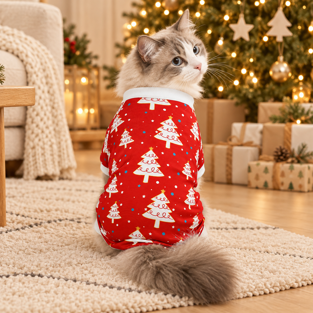 Chat vu de dos portant un pyjama rouge à sapins blancs et col blanc devant un sapin illuminé.
