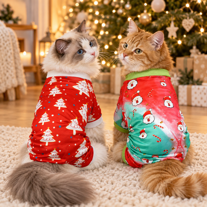 Deux chats portant des pyjamas de Noël, rouge à sapins blancs et rouge et vert à motifs Père Noël.